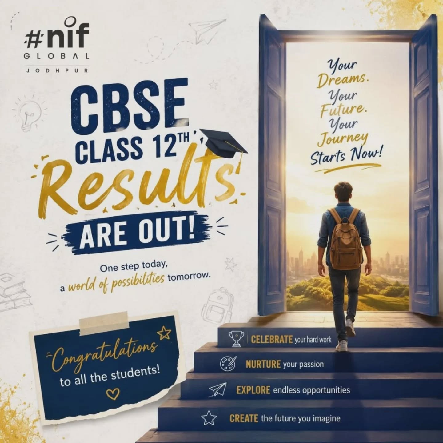 Congratulations 🎉

CBSE Class 12th Results are finally out✅
Celebrate your efforts, trust your journey, and get ready for the next big step. 
✨ Your future begins now.✨
 Today is not just about marks — it’s about growth, dedication, and dreams turning into reality.
To every student: Be proud of how far you’ve come.
The best chapters are still waiting ahead. 🌍✨

#Results2026 #SuccessJourney #StudentLife #NIFGlobalJodhpur #designcareer